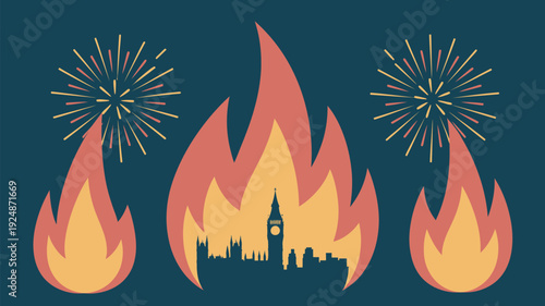 A vibrant illustration of London's skyline engulfed in flames with fireworks exploding in the night sky.