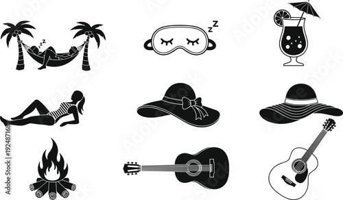 Summer vacation icon set vector illustration, beach relaxation hammock cocktail hat guitar campfire sleeping mask tropical holiday silhouette collection