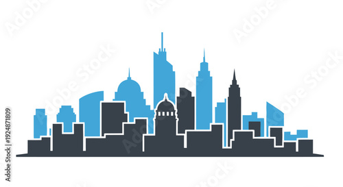 Stylized cityscape silhouette featuring modern and classic building designs in blue and black