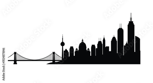 Silhouetted cityscape featuring a bridge and modern buildings against a white background