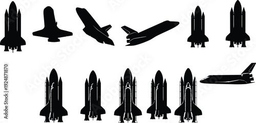 Black space shuttle silhouettes, eleven spacecraft designs, launch and flight positions, rocket boosters, minimal vector illustration, isolated white background, aerospace concept