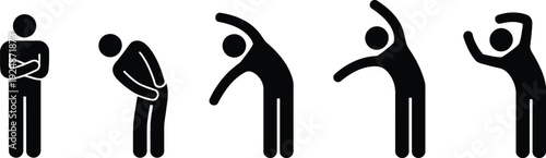 Five black stick figures demonstrate various stretching exercises including side bends and forward bending poses