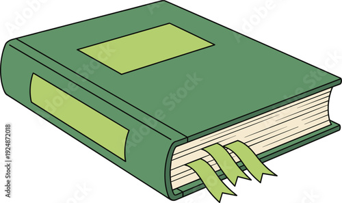 Green Hardcover Book with Bookmark Ribbons Isolated Vector Illustration for Education, Literature, Library and Academic Study Concept