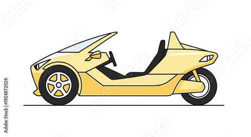 Yellow three wheeled vehicle illustration resembling a futuristic roadster or buggy