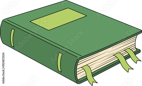Green Hardcover Book with Ribbon Bookmarks Isolated on White Background for Education, Library, Reading and Academic Design