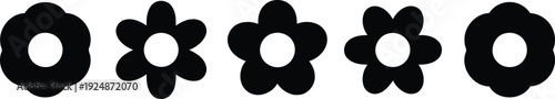 Five rounded black flower shaped icons with open centers arranged horizontally on a bright white background