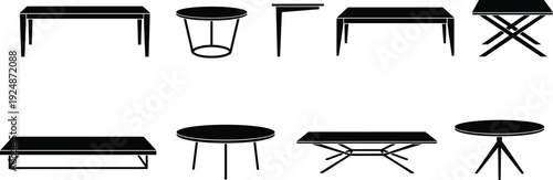 Black table silhouettes, ten furniture designs, rectangular round square tops, crossed legs pedestal bases, minimal vector illustration, isolated white background