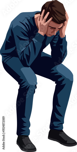 Pixel Art Man Sitting Holding Head In Frustration Dark Blue Outfit Isolated