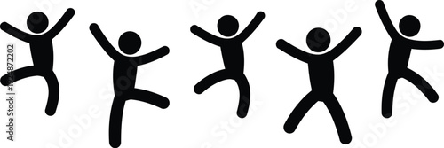 Five simple black stick figures happily jumping and celebrating with arms raised on a plain white surface