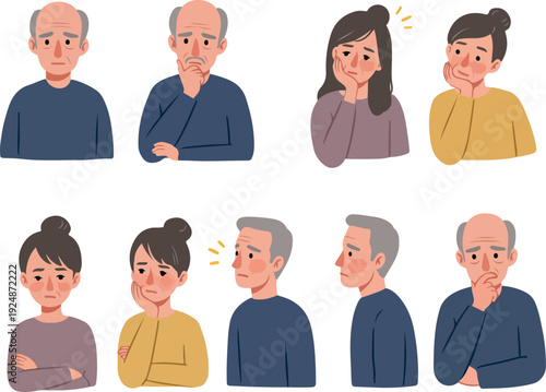 Pixel Art Men Women Thinking Pondering Sad Faces Blue Yellow Purple Outfits White Background