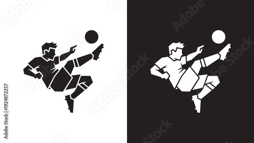 Minimalist vector illustration of a soccer player performing an acrobatic bicycle kick. Geometric silhouette design in black and white. Ideal for sports logos, branding, and athletic icons.