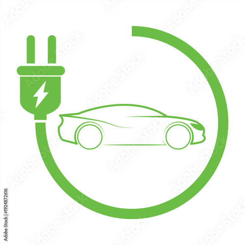 Green electric car icon with plug. Electric car charging station. Car battery recharging station. Environmentally friendly alternative energy. Vector illustration