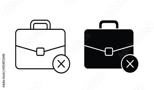 Vector icons of two briefcases with one crossed out in black and white