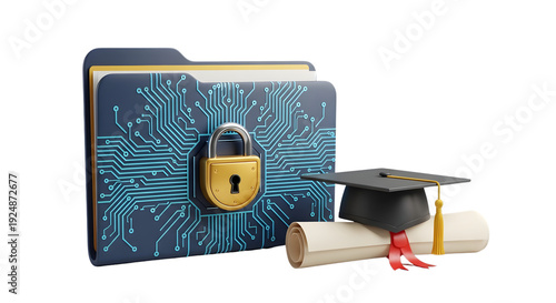 Secure education file with lock and graduation cap isolated on transparent background