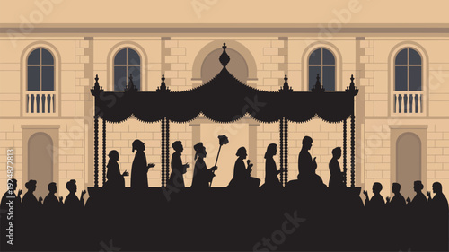 A group of people in silhouette stand in front of a large building with a decorative canopy