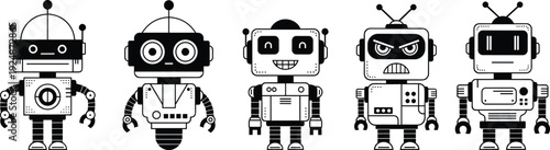 Cartoon robot illustration collection, cute mechanical character vector set, futuristic robot design art, playful robot figures, technology concept artwork