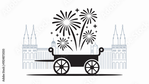 A festive illustration of fireworks exploding behind a historic cart in front of a beautiful cathedral