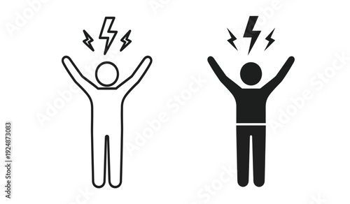 Two stick figures with lightning bolts above their heads in black and white