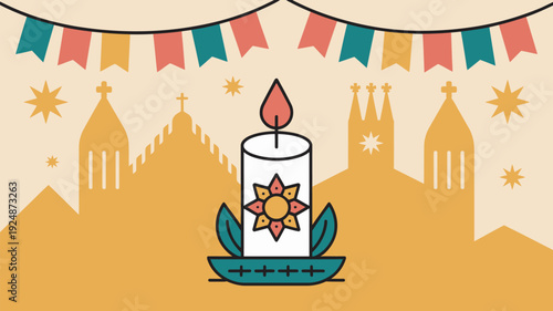 A vibrant illustration of a candle with a flower design in a festive setting with colorful flags