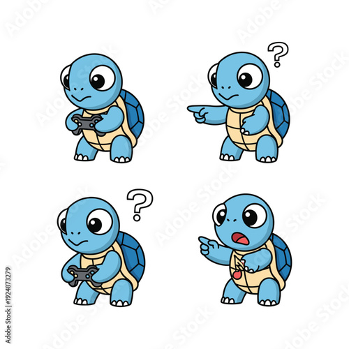 Cartoon turtle character with headphones in different emotional states