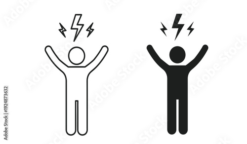 Two simple line and solid silhouette human figures with lightning bolts above their heads in black and white colors on a pure