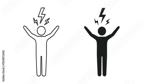 Two stick figures with lightning bolts above their heads in black and white