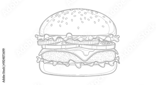 Hand-drawn sketch of a delicious cheeseburger with lettuce, tomato, onion, and sesame seeds on a bun