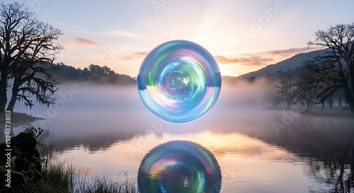 luminous, iridescent sphere floating and reflecting over a calm, misty lake surrounded by silhouetted trees at dawn or dusk.