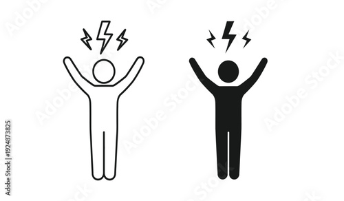 Two stick figures with lightning bolts above their heads in black and white