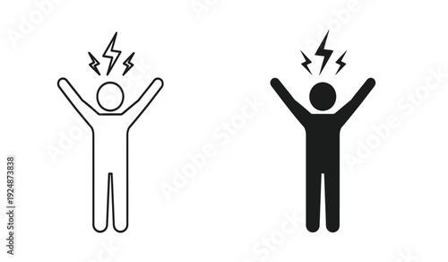 Two stick figures with lightning bolts above their heads in black and white