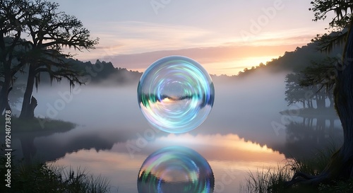 luminous, iridescent sphere floating and reflecting over a calm, misty lake surrounded by silhouetted trees at dawn or dusk.