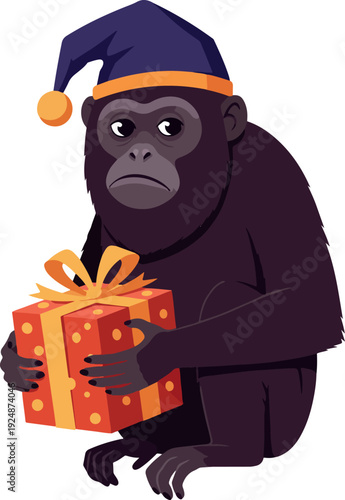 Sad Gorilla In Blue Festive Hat Holds Red Gift Box With Orange Bow