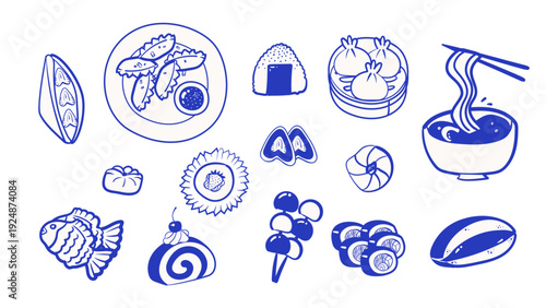 Hand drawn Japanese food stiker set in ink line style. Collection of sushi, ramen, onigiri, dumplings and traditional desserts. Perfect for menu design, restaurant branding and Asian food projects.