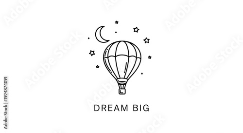 Dream Big Hot Air Balloon Moon Stars Line Art Illustration