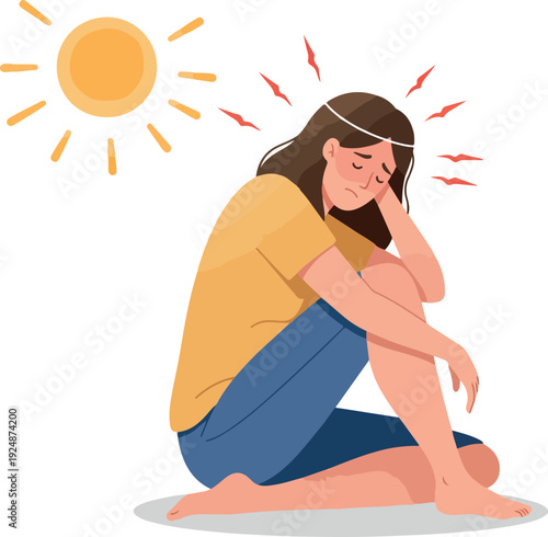 Sad Woman Under Hot Sun Yellow Shirt Blue Jeans Feeling Heatstroke Isolated
