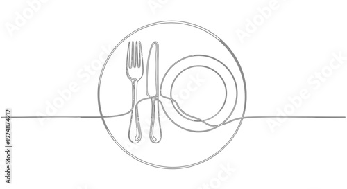 Elegant Single Line Drawing of a Plate with Fork and Knife, Minimalist Dining Concept
