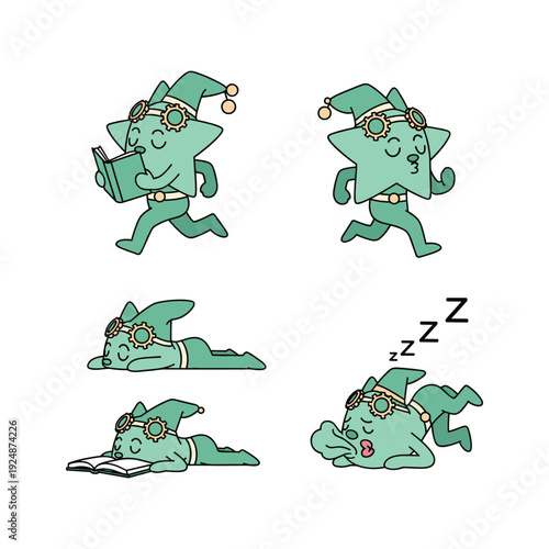Cartoon star character sleeping and working hard in different poses with copy space