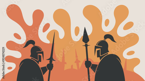 Two medieval warriors stand guard in front of a vibrant orange and yellow cityscape at sunset