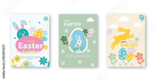 Set of three colorful easter illustrations featuring bunnies, eggs, and flowers