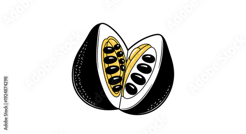 Exotic Fruit Cut in Half, Showing Seeds and Pulp