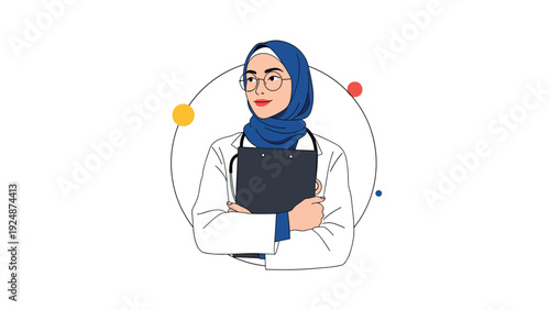 A portrait of a confident and professional Muslim female doctor wearing a hijab, a lab coat, and glasses, holding a clipboard.