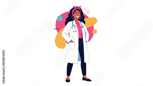 A confident and empowered black female doctor with a stethoscope, wearing a lab coat and a pink headband, smiling brightly.