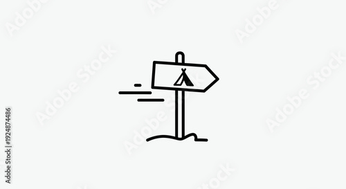 Camping Signpost with Tent Icon, Directional Arrow, and Wind Lines