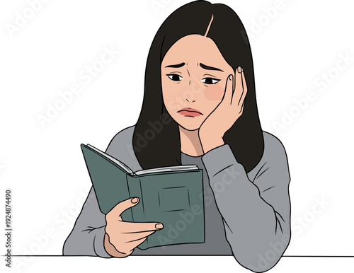 Sad Young Woman Reading Book Looking Worried Gray Sweater Isolated