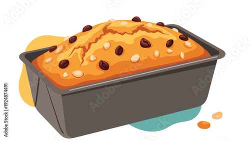 A delicious homemade loaf cake with raisins and nuts, freshly baked in a metal loaf pan, shown with colorful abstract shapes.