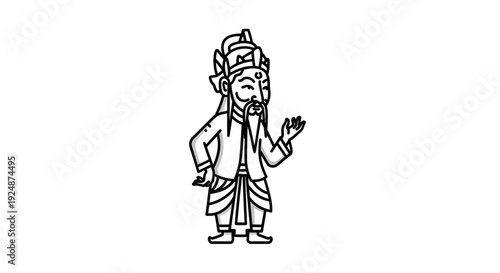 Cartoon Chinese Emperor Waving Hand, Ancient Ruler, Traditional Asian Man