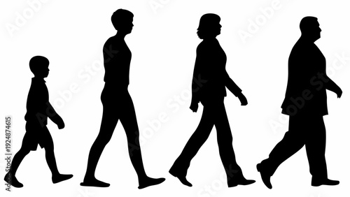 Silhouettes of people walking in various ages and sizes