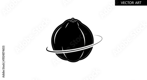 Black Silhouette of a Citrus Fruit with Orbiting Ring, Vector Icon