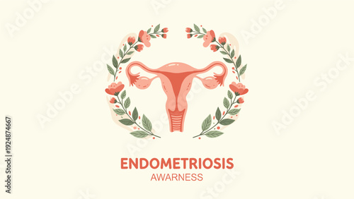 Endometriosis awareness concept with a floral illustration of the female reproductive system surrounded by a wreath of flowers and leaves.