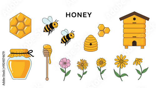 Collection of honey and beekeeping elements including cute bees, a beehive, honeycomb, a glass jar of honey, and sweet flowers.